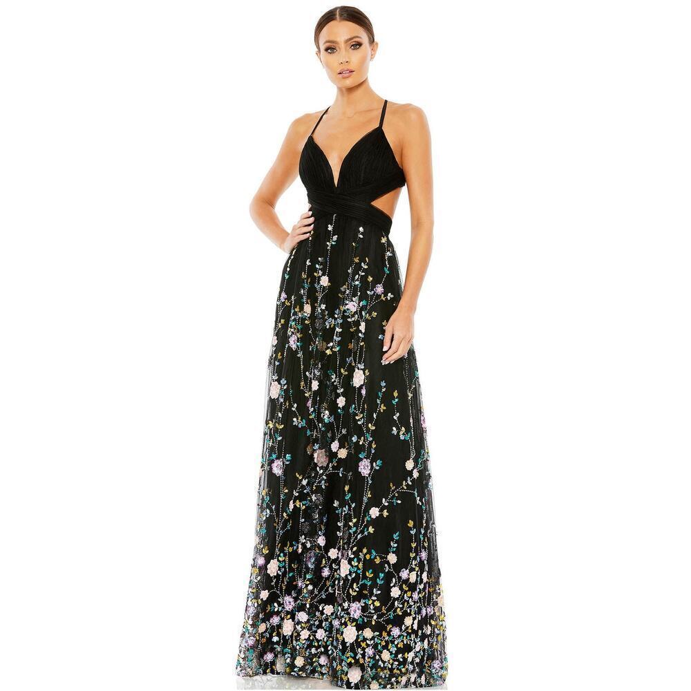 Mac Duggal 67976 Plunging V-Neck Embellished Gown Size Black Multicolor SZ 2 NWT